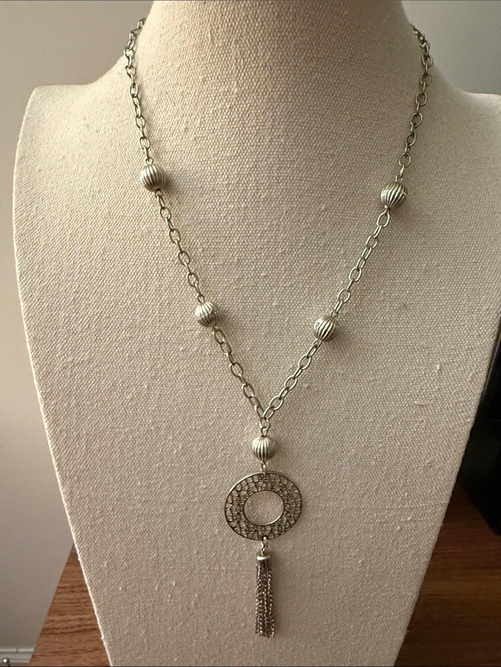 Silver Tone Circle Drop Pendant Necklace with Beads & Tassel.